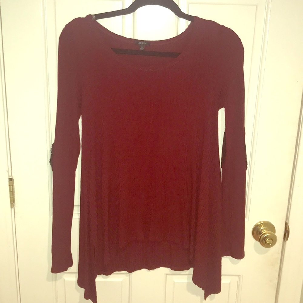 Wine swing blouse with leather heart elbow patches